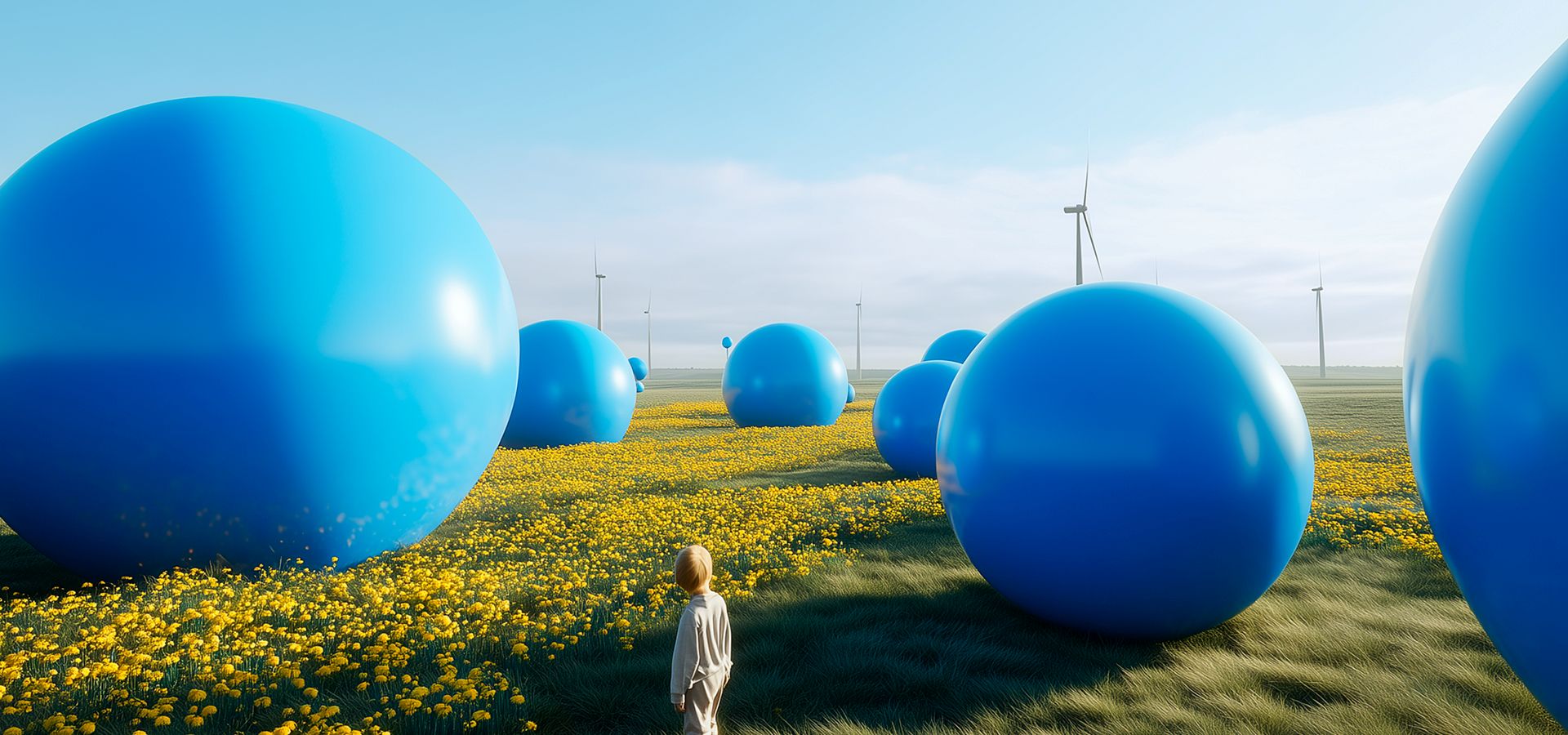 Große blaue Kugeln auf Wiese mit Windrädern, symbolisieren internationale Normen für Wasserstoff in nachhaltiger Energieumgebung.