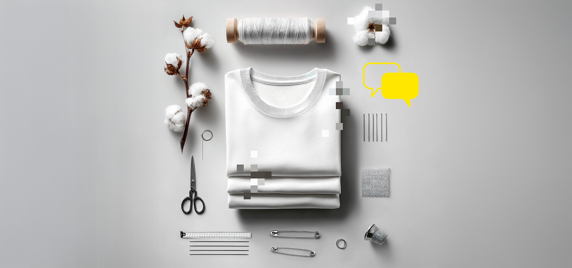 Einzelne Bestandteile eines weißen T-Shirts: Baumwollzweige, Garnrolle, gefaltetes Shirt sowie Nähzubehör ordentlich auf grauer Fläche angeordnet